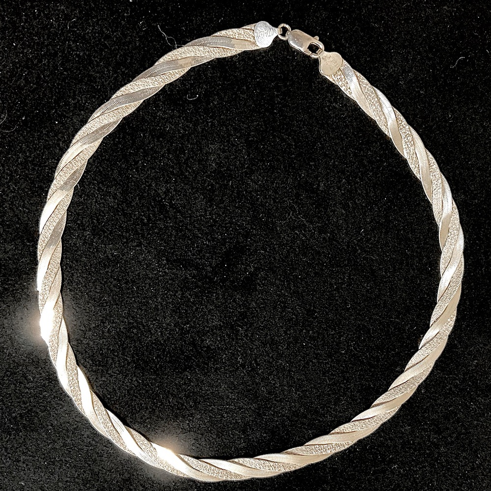 Vintage Italian 925 Silver Twisted Herringbone Necklace, 18"